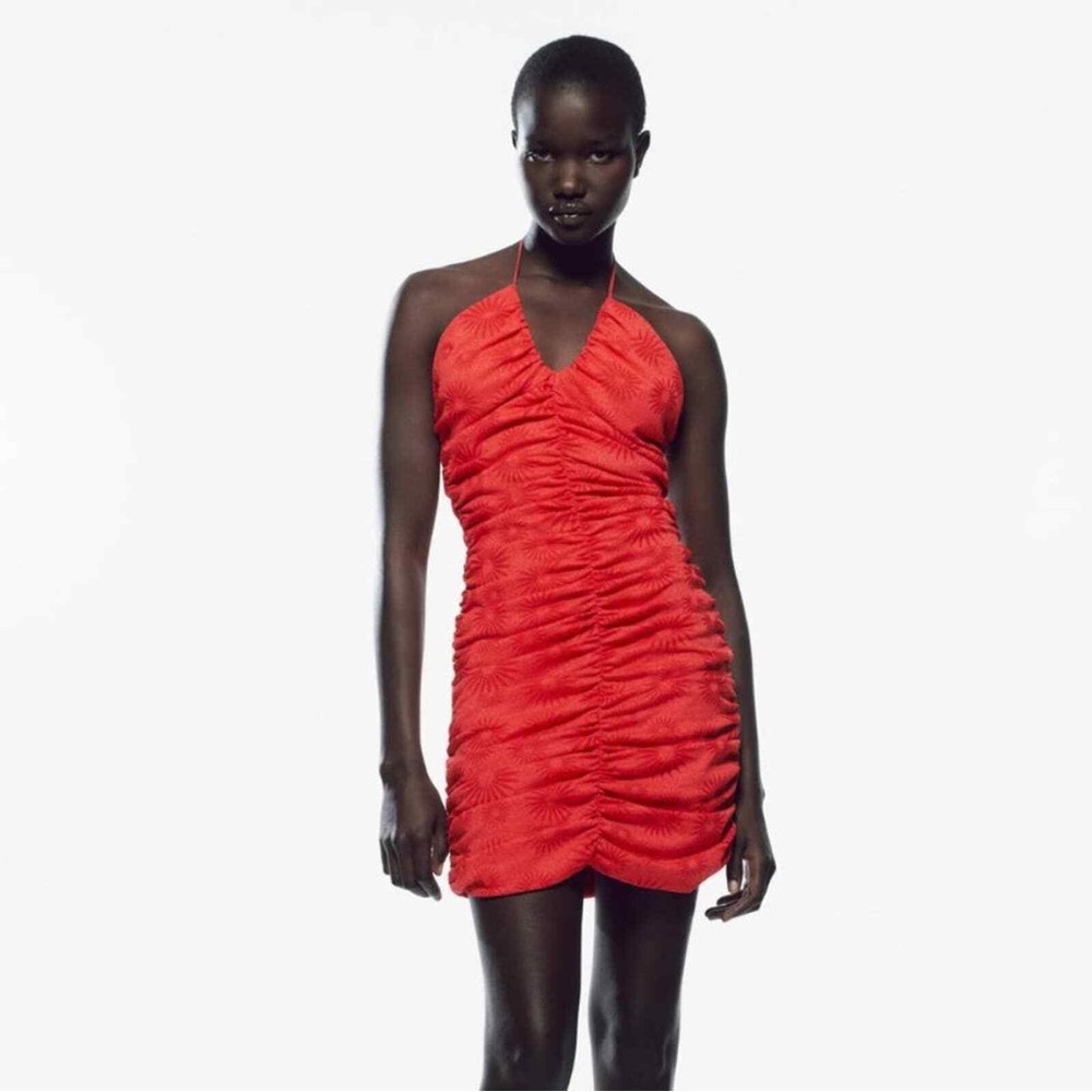 New Zara jacquard draped ruched red dress, S